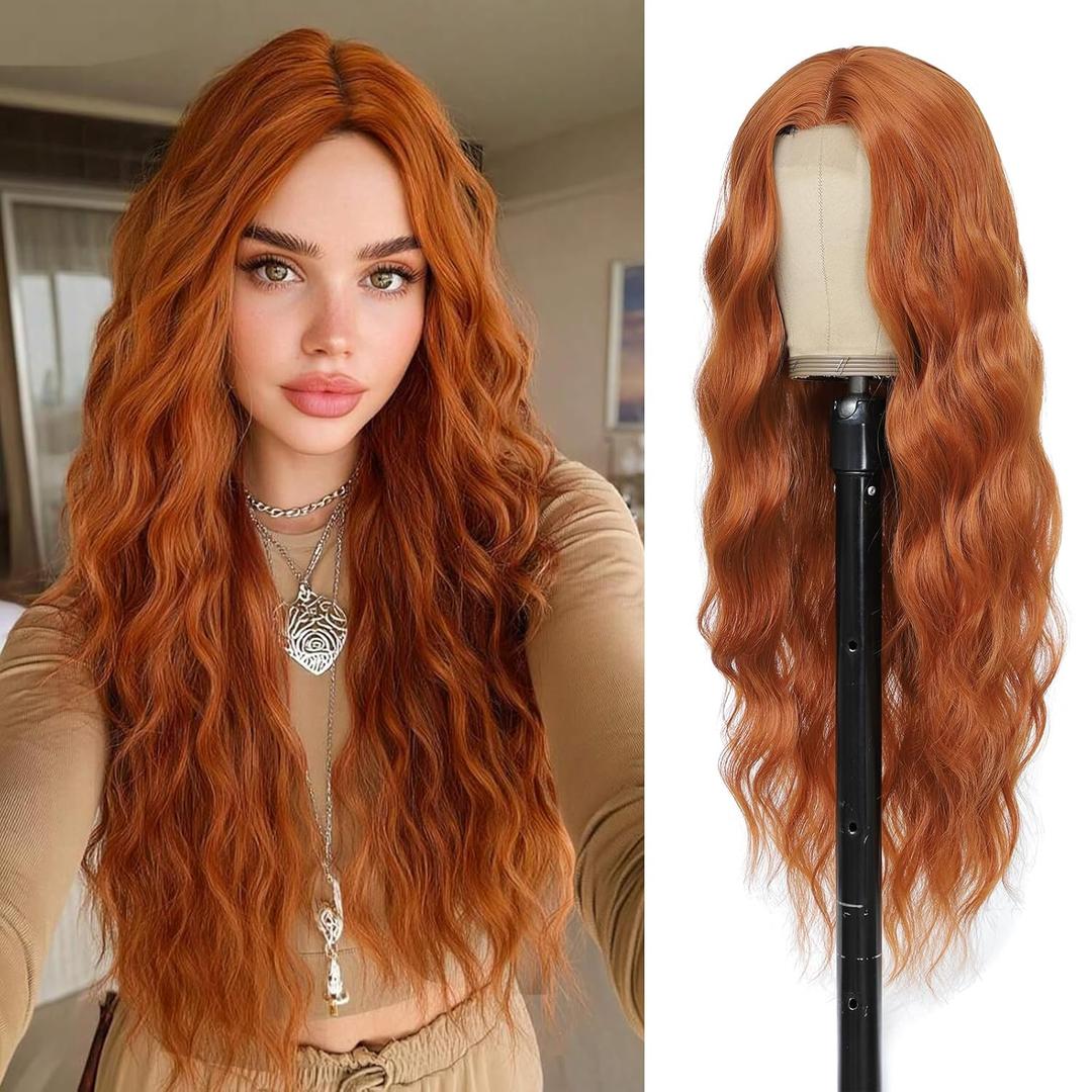 Copper Red Ginger Wig 26 Inch Long Wavy Wigs for Women - Auburn Wig Heat Resistant Synthetic Hair Middle Part Curly Wig Natural Look for Daily Party Cosplay Costume Use