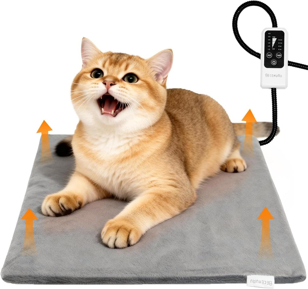 BECEMURU Pet Heating Pad for Dogs & Cats, 18"x16" Waterproof Heated Bed with 6-Temp & Timer, Chew-Resistant Cord Electric Warm Bed for Senior Pets, Soothing Pain Relief for Arthritis