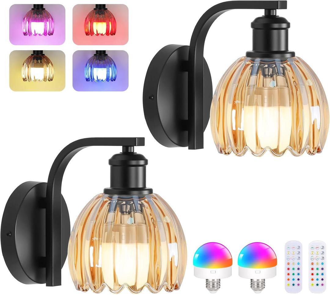 VerRon Rechargeable Battery Operated Wall Sconce Set of Two with Amber Glass Lampshade, Wireless Wall Scone Decor with Remote Control, 15 Colors Black Wall Light for Bedside Hallway Bedroom Doorway (2-Pack)