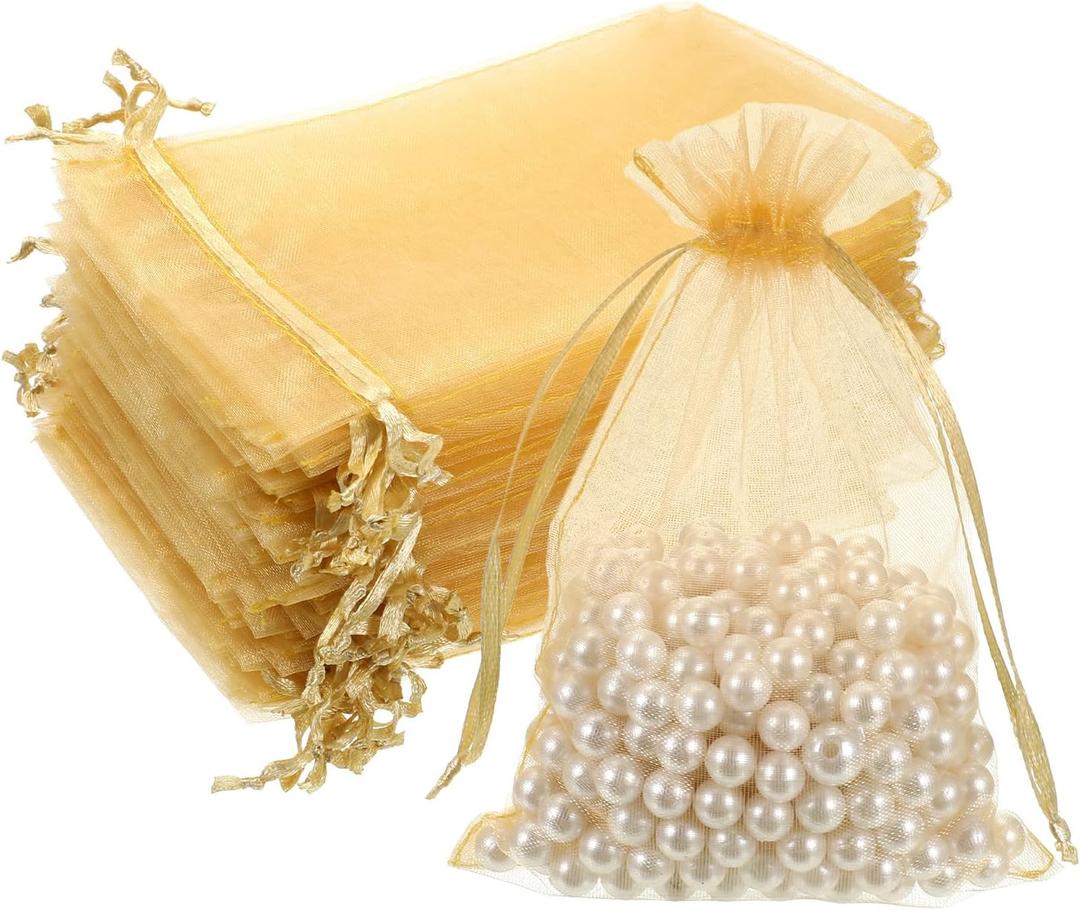 QfwdfcTrenz 50 Pcs Gold Organza Bags 4x6 Inch Breathable Tulle Jewelry Bags Small Mesh Gift Bag Drawstring Party Favor Bag for Christmas Wedding Jewelry Candy