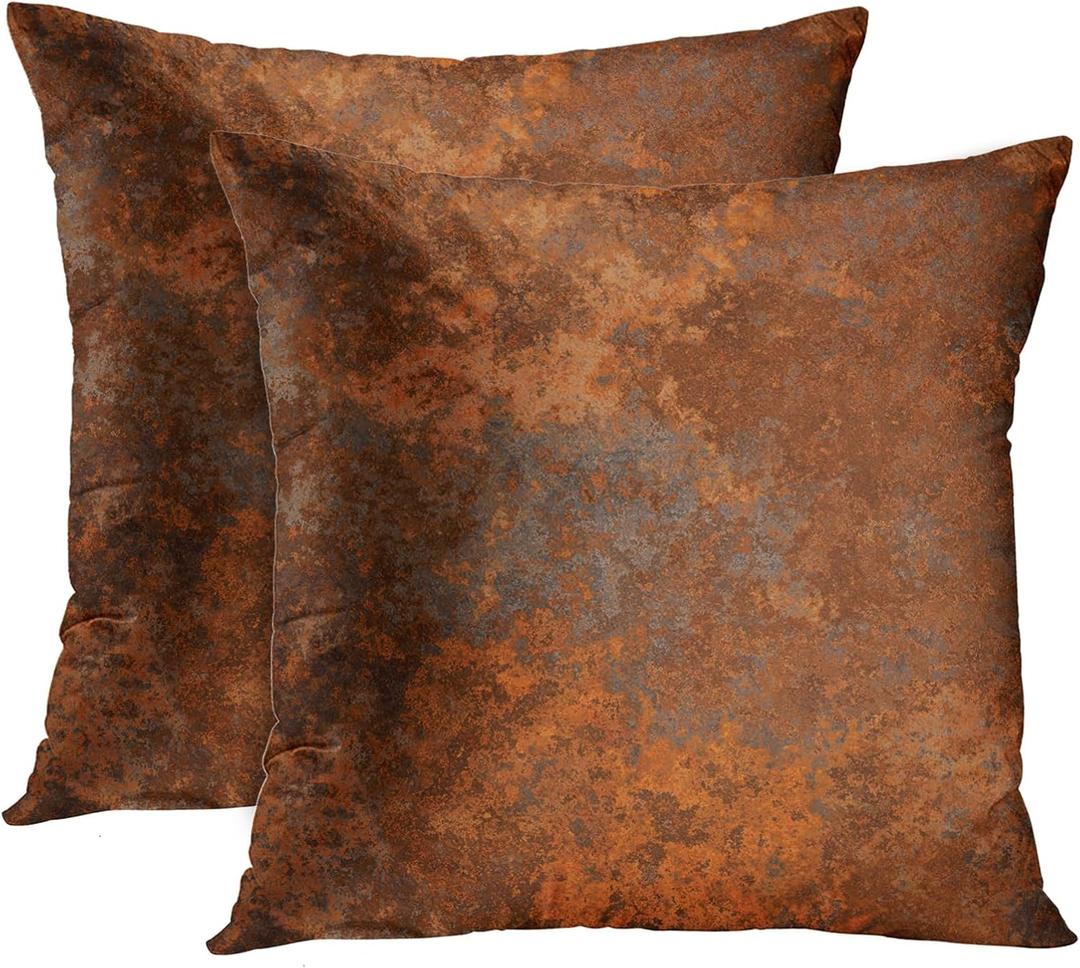 Emvency Set of 2 Throw Pillow Covers Case Brown Copper Old Rusty Metal High Resolution Orange Rustic Decorative Pillowcase Cushion Cover for Sofa Bedroom Car 18 x 18 Inches