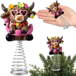 2 x Gejoy Flamingos Highland Cow Miniature Tree Topper, 5.1 Inch Summer Beach Mini Highland Cow Tree Topper Decorations, Resin Cattle Figurine for Home Rustic Farmhouse Table Decor, Summer Gift Ideas