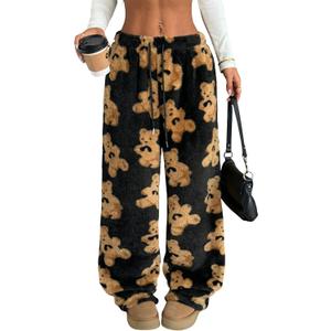 ZAFUL Women's Fuzzy Plush Pajama Pants Drawstring Elastic Waist Wide Leg Teddy Pj Bottoms Lounge Pants (Large, 0-black Bear)