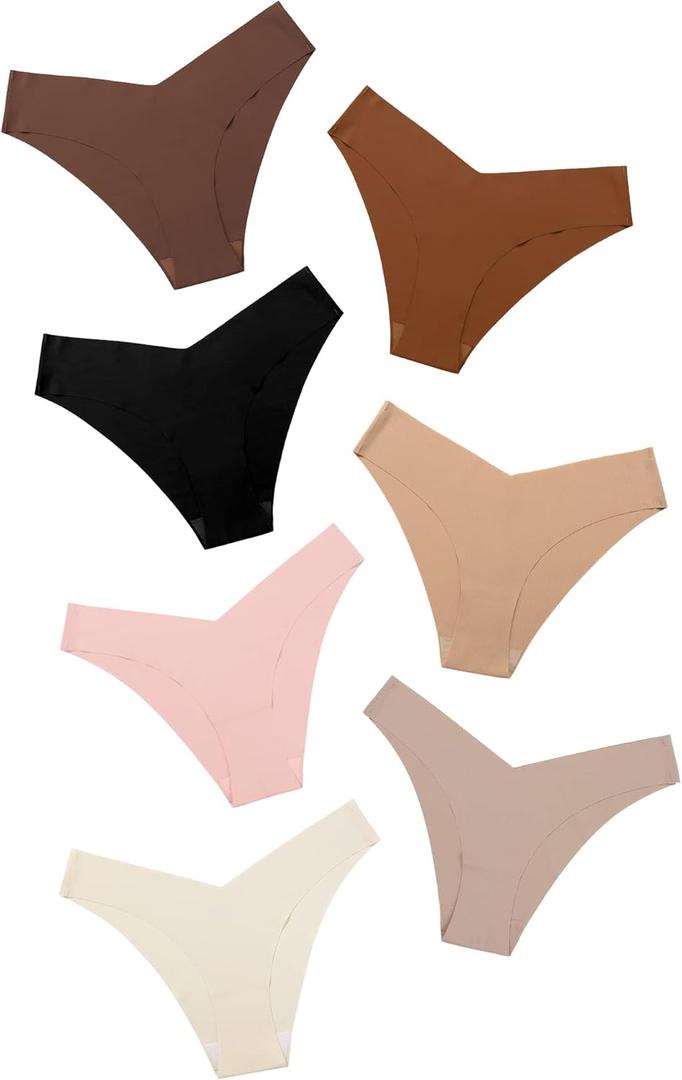 DEANGELMON Women Seamless Bikini Cheeky Underwear Invisible No Show Panties V-Waist Hipster Ladies Soft Stretch Multi Pack (Large, Coffee - 7 Pack)