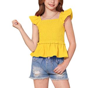 BesserBay Girls Summer Ruffle Cap Sleeve Square Neck Tank Top Peplum Hem Smocked Cute Babydoll Blouse 5-14 Years (Yellow, 6yrs Old)