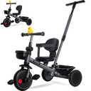 KRIDDO 2-in-1 Tricycle for Toddlers 1.5-5 Years, Push Tricycle with Parent Steering & Detachable Handle, 9-Stage Adjustable Handlebar, Toddler Trike with Safety Belt, Clutch Pedals & Dual Basket, Grey