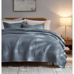 PALASSIO Striped Blue Grey 100% Cotton Quilt California Cal King Size Bedding Sets, Oversized Lightweight Channel Pick Stitch Textured Bedspread Soft Farmhouse Country Coverlet for All Season, 2 Shams