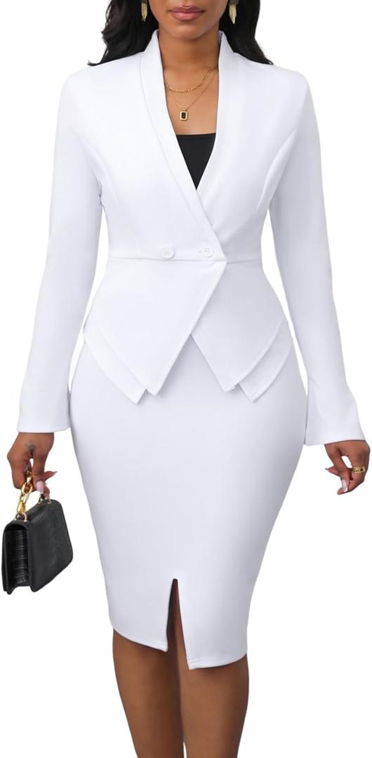 Women's Suits 2 Piece Set Business Professional Outfits Blazer Dress Jacket Pencil Skirts Suit White XL