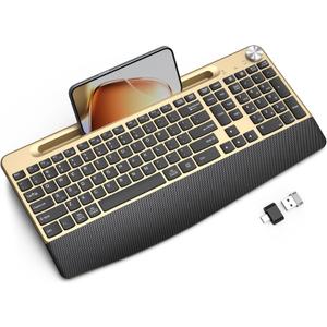 JOYACCESS Ergonomic Wireless Keyboard with Wrist Rest, Phone/Tablet Holder,Windows & Mac OS, 2.4 GHz Wireless, Full-Size,Quiet Keyboard Compatible for Laptop,PC, Mac, Windows -Black Glod