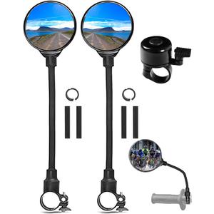 Bike Mirror With Bike Bell 360 Adjustable HD Convex Handlebar Mirror Anti-Scratch Riding Mirrors (2* Mirror + 1* Bell)