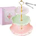 Jusalpha 3-Tier Multi Color Ceramic Serving Stand,Cake Stand-Dessert Stand-Cupcake Stand-Tea Party Serving Platter (3 Color-Gold)
