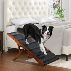 Dog Ramp  Adjustable Wooden Ramp for Dogs to Get on Bed, Sofa, and Couch  Walnut Wood Design for Small and Medium Breeds with Non-Slip Carpet Finish (Gray)