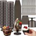 Funnymoom 100 Pack 2oz Mini Dessert Cups with Spoons Small Clear Plastic Dessert Parfait Cup Square Appetizer Pudding Cups Round Goblet Shooters for Pudding Fruit Yogurt Ice Cream Mousse (Black)