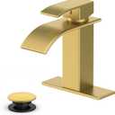 Ryuwanku Bathroom Faucet Brushed Gold Modern Waterfall Bathroom Sink Faucet with Single Handle Suitable for 1 or 3 Holes,Supply Deck Plate and Hose