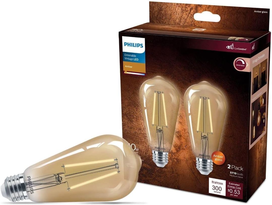 PHILIPS LED 75W ST19 2-Pack Vintage Edison Amber (2000K) 700 Lumen (8.8W = 75W) Dimmable Flicker-Free Light Bulbs