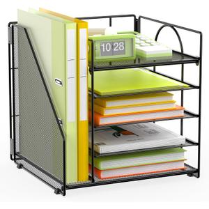5 Tier Desk Organizer with Vertical File Holder, Desktop File Organizer for Office Home School, Black
