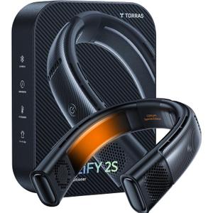 TORRAS COOLiFY 2S Neck Fans that Blow Cold Air [Limited Version], Neck Air Conditioner with Long Battery, Orange-blue-Change Neck Fan, Smart App Control Neck Fan Rechargeable, Black