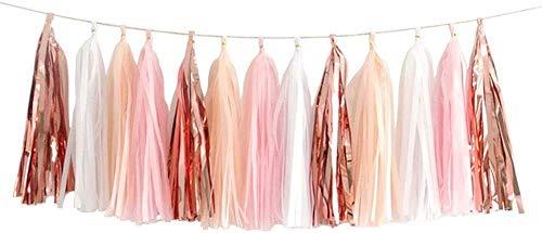 ZOOYOO Pink Shiny Tassel Garland Tissue Paper Tassel Banner,Table Decor,DIY Kits for Tassels Party Decoration,Pack of 6(Rose Gold, Peach, Light Pink, White)