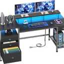 Furologee 60" Black Computer Desk with 4 Drawers and Printer Space, Gaming Desk with LED Lights and USB Power Outlets, Home Office Desk with Fabric File Cabinet, Study Work Table with Shelf for Bedroom