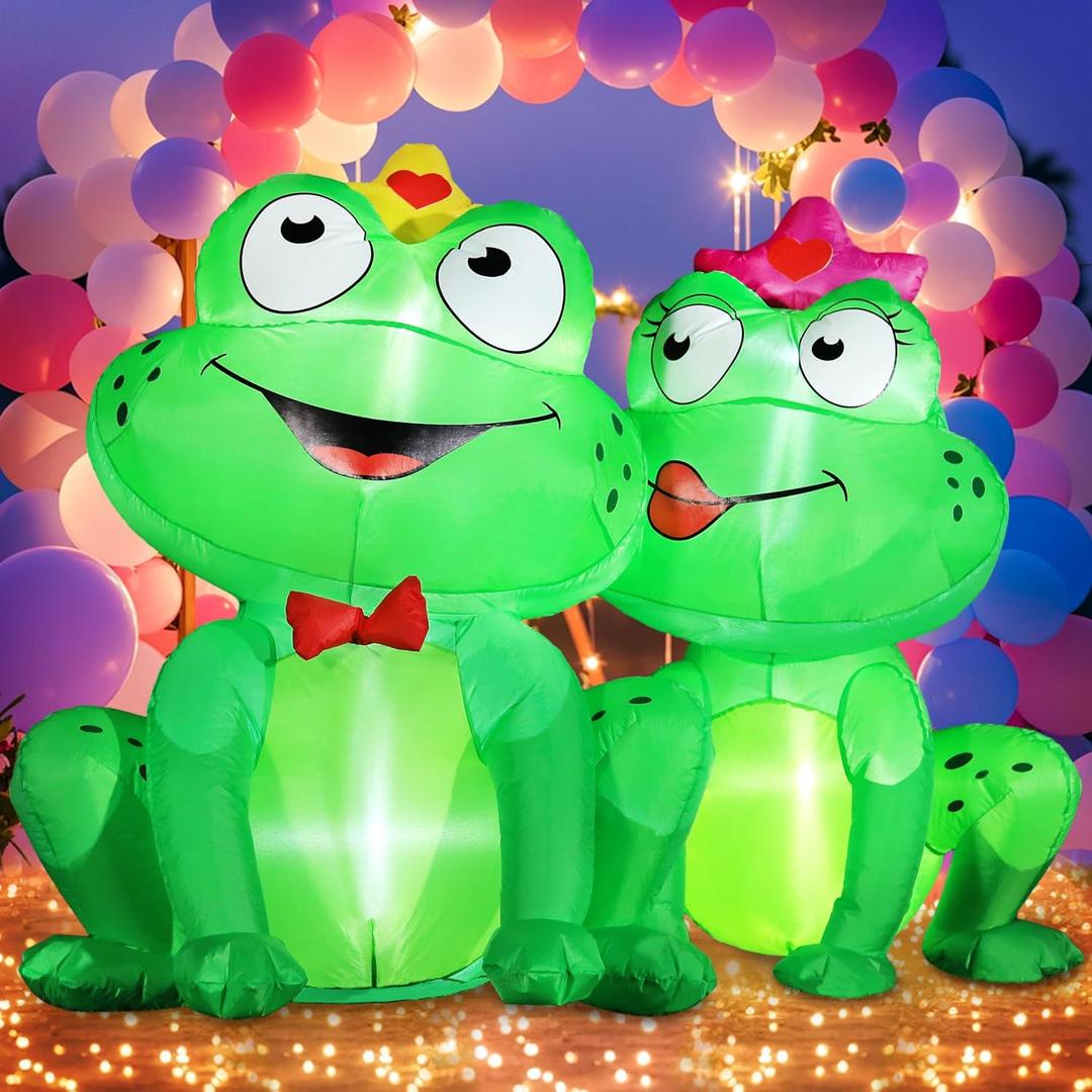 DomKom 5FT Valentines Day Inflatables Outdoor Decorations, Frog Couple Blow Up Build-in Led Lights for Wedding Party Garden Yard Lawn Dcor