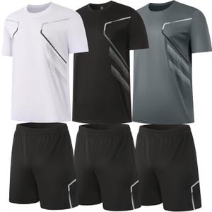 BUYJYA 3 Pack Men's Gym Shorts Shirt Set Workout Athletic Basketball Running Football Elastic Waist with Pocket Gifts (Large, Grey-white-black)