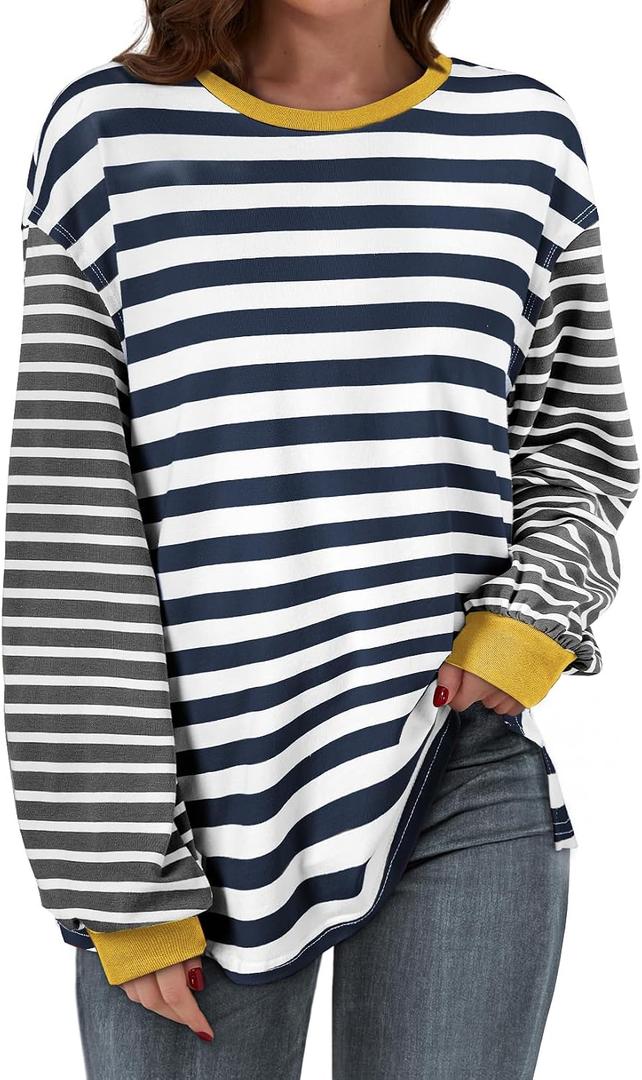 BLENCOT Women's Oversized Patchwork T Shirts Fall Long Sleeve Striped Color Block Loose Fit Pullover Tops (M)