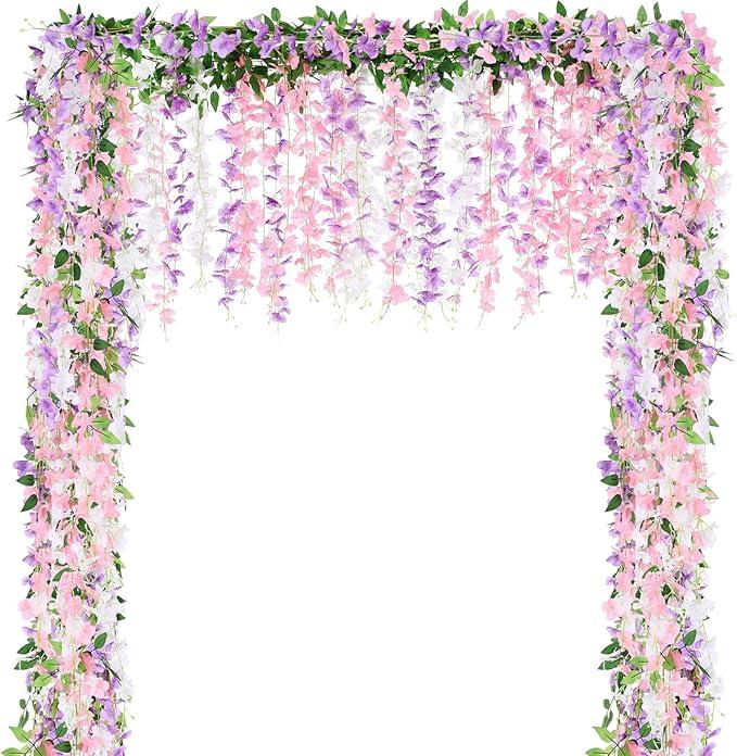 Thiccywoov 4pcs Wisteria Artificial Flowers Garland, 7.2Ft/Piece Wisteria Hanging Flowers Garland for Wedding Arch Decoration Outdoor Ceremony Home Backdrop Garden (Light Purple,White,Light Pink)