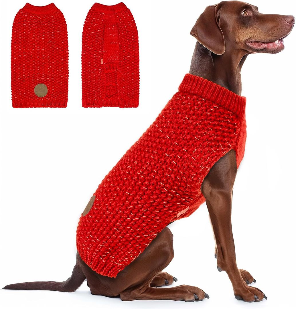 KYEESE Dog Sweater for Large Dogs with Leash Hole Warm Pullover with Reflective Yarn Male Thick Stretchy Knitwear Winter Soft Pet Coat boy Cold Weather Comfy Dog Sweaters,Red,XXX-Large