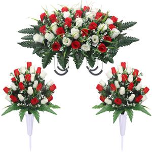 Lodou Artificial Cemetery Flower Saddles for Graves, Cemetery Memorial Flowers with Vase and 2 Memorial Bouquets for Grave Tombstone,Outdoor Grave Saddle Headstone Decorations (Red White)