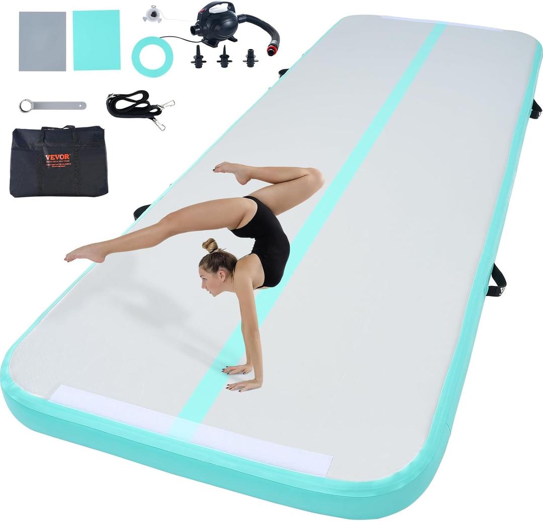 VEVOR Gymnastics Air Mat, Inflatable Track with Electric Pump, Training Mats for Home Use/Gym/Yoga/Cheerleading/Beach/Park/Water (10ft*3.3ft*4in(3*1*0.1m), Mint Green)