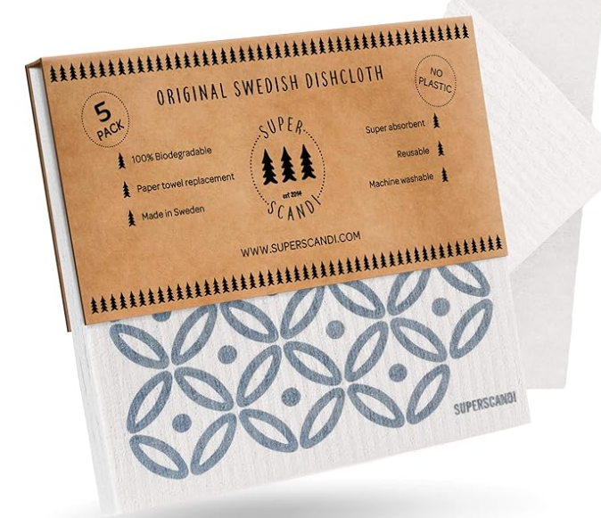 5 Pack Swedish Dishcloths for Kitchen - 100% Biodegradable & Compostable Reusable Paper Towels Washable, Food-Safe & Without Plastic - Dish Rags Suitable for Any Surface, Artdeco Blue