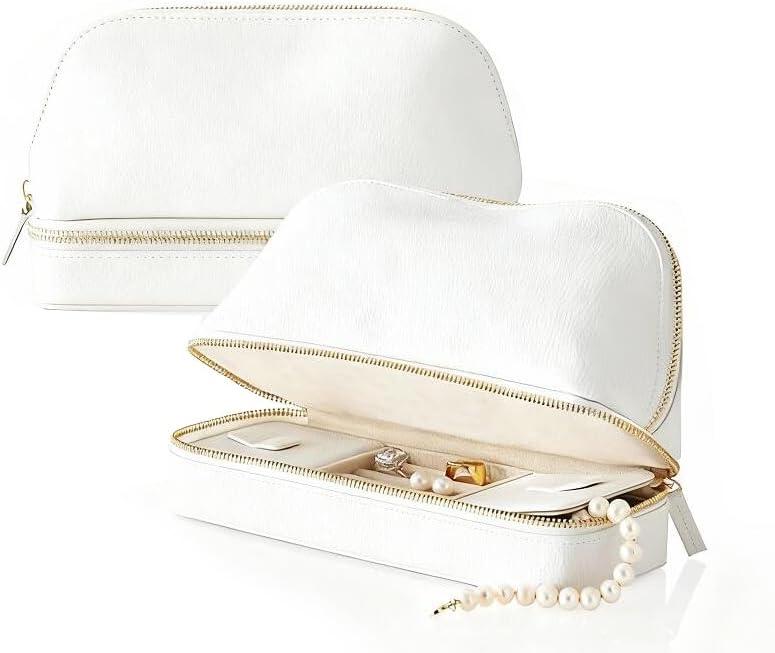 Jewelry Box with Makeup Bag Travel Jewelry Organizer Travel Cosmetic Bag Portable Toiletry Bag with Integrated Jewelry Makeup Case for Women Men (White)