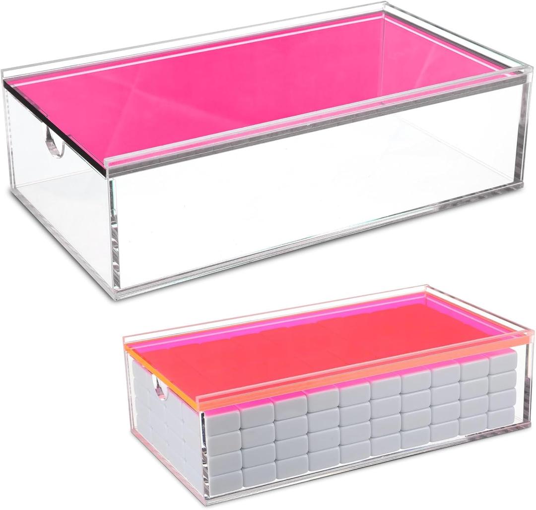 Honeydak Acrylic Mahjong Case - Empty Transparent American Mahjong Game Case Storage Box for Tiles Home Travel Accessories, 9.1" x 4.9" x 2.3" - Tiles Not Included(Pink)