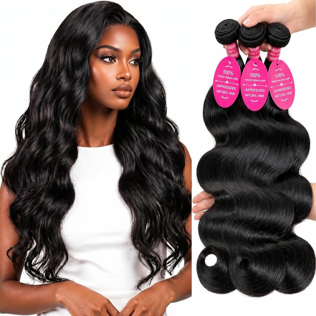 15A Body Wave Bundles Human Hair 18 20 22 Inch 100% Unprocessed Brazilian Virgin Human Hair Bundles Weave 3 Bundle Hair Extensions for Women Natural Color