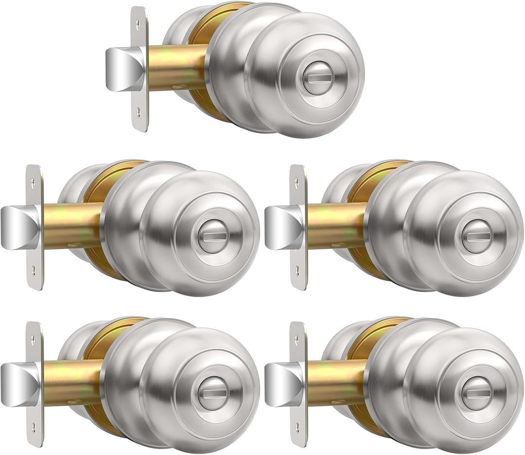 AEEKEL Brushed Nickel Door Knobs Interior Keyless Knob, Privacy Door Knob with Lock, 5 Pack Door Locks for Bedrooms Bathroom, Reversible for Left/Right Door Handle