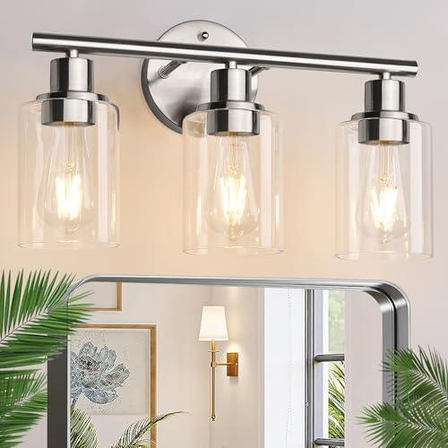 Zarbitta 3-Light Bathroom Light Fixtures, Brushed Nickel Vanity Light, Farmhouse Wall Lights with Clear Glass Shade, Bathroom Wall Lamp for Mirror Kitchen Bedroom Hallway Living Room Hallway Cabinet