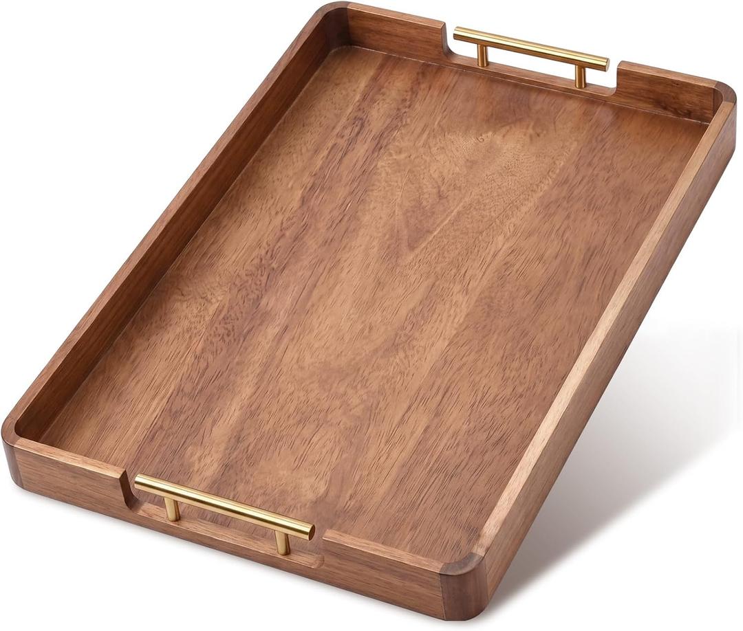 Domensi 22 x 16 Inch Large Acacia Wood Serving Tray with Handles, Rectangular Decorative Ottoman Tray for Coffee Table Kitchen Food Drinks Breakfast in Bed Server Home Decor