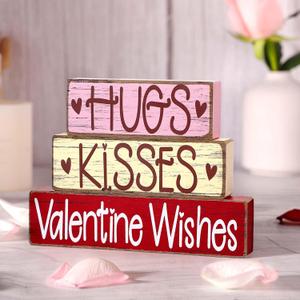 Vintage Valentine's Day Tabletop Signs Decorations - Farmhouse Valentine's Wood Block Set, 3 Pcs Romantic Hugs/Kisses/Wishes Decor for Table Centerpiece Tiered Tray Gifts Shelf Home Decor