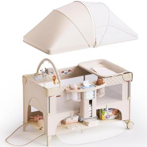 4 in 1 Baby Bassinet, Pack and Play, Bedside Crib Sleeper, Baby Bassinets Bedside Sleeper with Diaper Changer, Mosquito Net, Bottom Storage and Toy Bar for Newborn to Toddles (Beige)