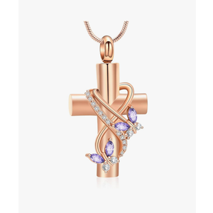 Imrsanl Butterfly Cross Urn Necklace for Ashes Men Women Cremation Jewelry Ashes Pendant for Human Memorial Ash Jewelry