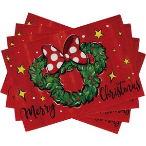 Seliem Merry Christmas Wreath Placemats Set of 4, Xmas Polka Dot Bow Holly Berry Red Dining Table Place Mats, Winter Star Holiday Kitchen Decor Party Home Decoration 12 x 18 Inch