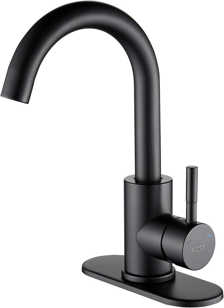 Wet Bar Sink Faucet Stainless Steel One Hole 360 Swivel Bar Mixer with 3 Hole Cover Deck Plate Small Modern Single Handle Kitchen Tap for Bath Bathroom Sink Prep Sink,Matte Black