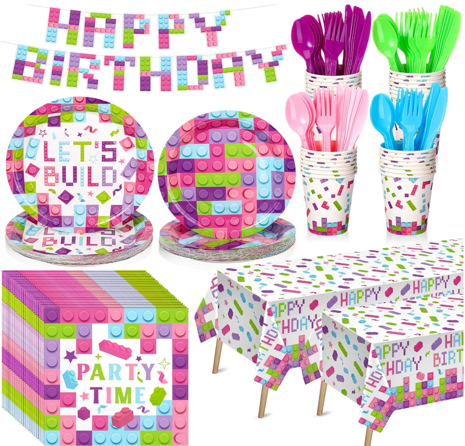 Gejoy 171 Pcs Building Block Birthday Party Supplies Tableware Kit Include Plates Cups Knives Forks Spoons Napkins Tablecloths Banner for Girls Birthday Party Decoration Serve 24 Guest (Sweet Color)