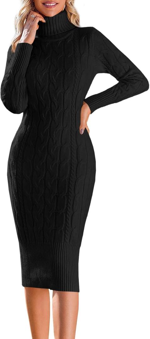 Fangetey Womens Long Sleeve Turtleneck Sweater Dresses Knitted Bodycon Midi Sheath Jumper Dresses (Medium, Black)