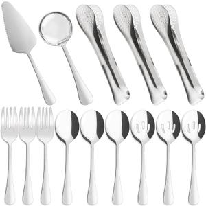 14 Pieces Serving Utensils, Large Spoons Slotted Spoon Forks Tongs, Stainless Steel Pie Cake Server for Buffet Catering