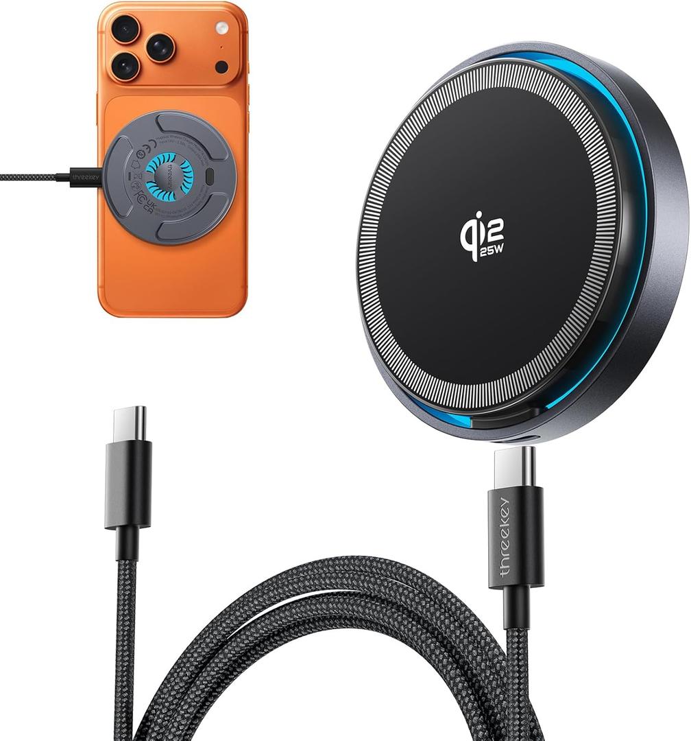 THREEKEY for MagSafe Charger, Qi2 25W Fast Charging Pad with Cooling Fan, Magnetic Wireless Charger with 6.6ft Cable for iPhone 17/16/15 Series (Adapter Not Included)