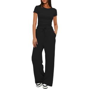 Darong Women's 2 Piece Outfits Lounge Sets Ruched Short Sleeve Tops High Waisted Wide Leg Pants Tracksuit Sets (Small, Black29" Inseam)