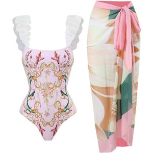 Women's One Piece Swimsuit with Beach Cover Up Bathing Suits for Womens with Long Skirt Retro Floral Print Bikini Pink(Y5-M)