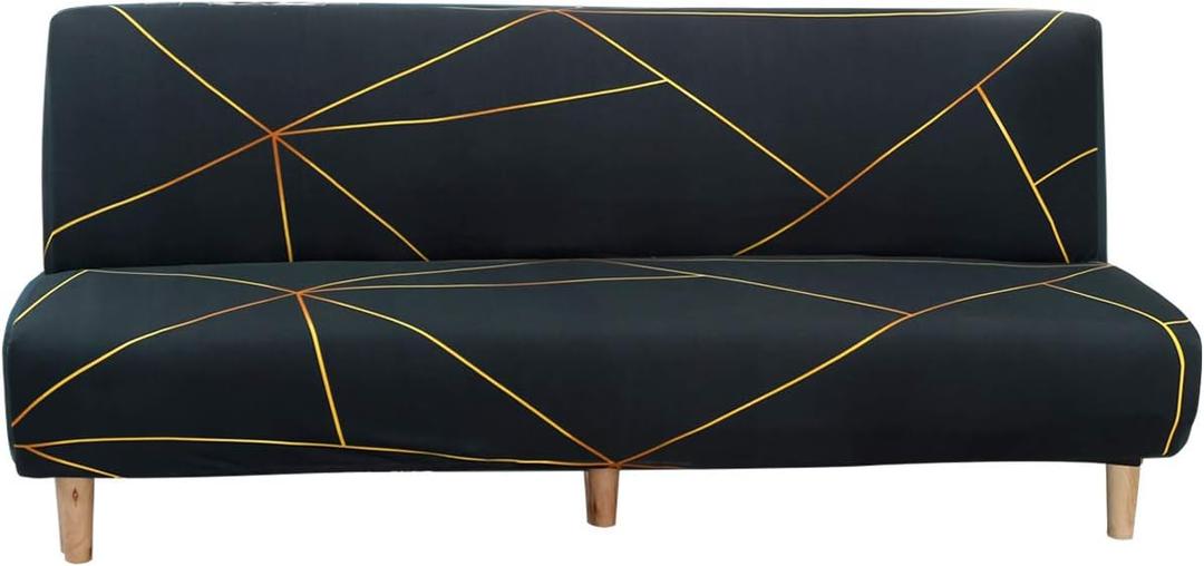 MIFXIN Armless Sofa Cover Futon Slipcover Stretch Spandex Washable Folding Sofa Bed Non-Armrest Couch Furniture Protector Sofa Slip Cover Without Armrests (Green Gold Strip)