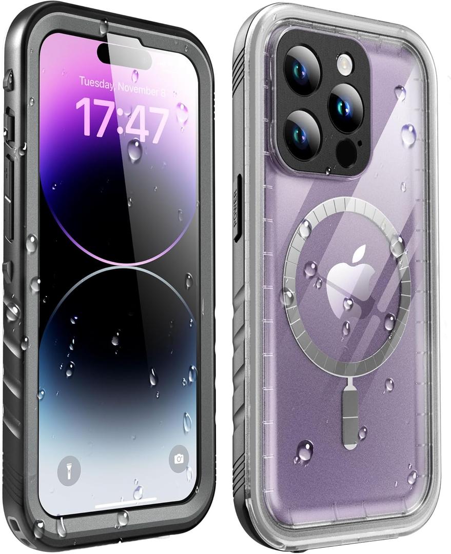 SOKUSIN Magnetic for iPhone 14 Pro Max Waterproof Case - Compatible with Magsafe, Shockproof Drop Dust Proof Case with Built-in Screen Protector, Full Body Rugged Protective Phone Cover, 6.7",Clear (for iPhone 14 Pro Max6.7", Clear-Magnetic)